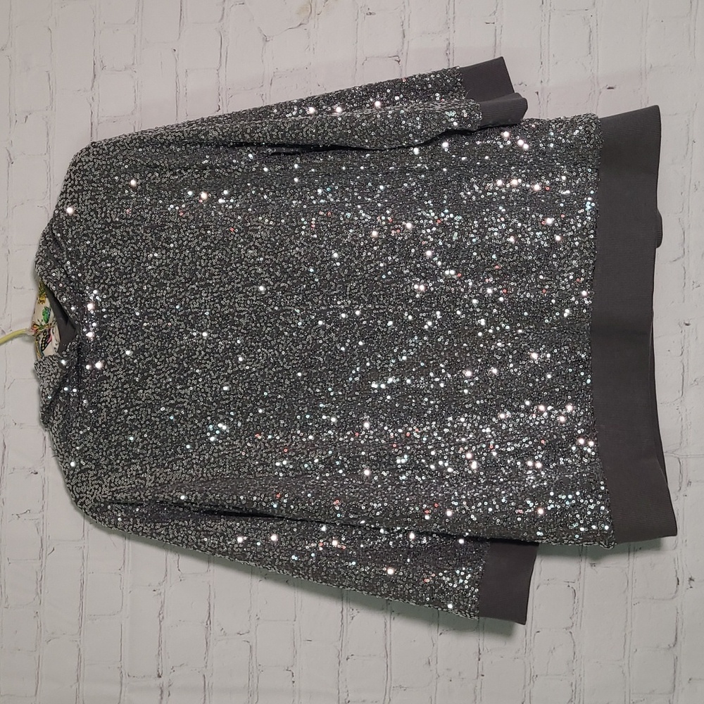 Zenergy By Chicos Silver Sequins Slouch Neck Quarter Sleeve Top Womens Size 3 - Picture 8 of 9
